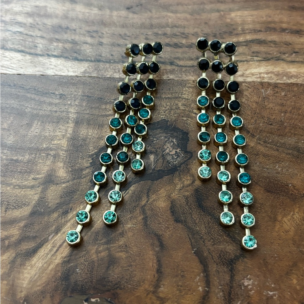 Vintage Gold tone Drop Earrings with Black and green Stones